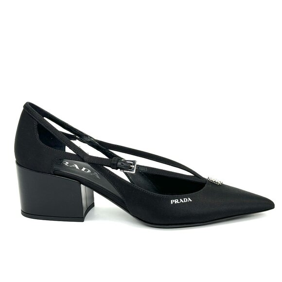 PRADA Pointed Toe Cutout Cut Out Block Heel Crystal Satin Leather Pumps - Picture 13 of 16
